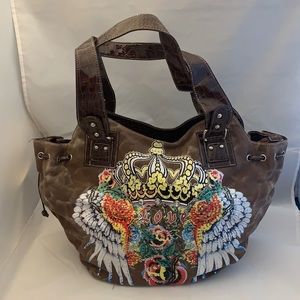 Angel Wings Brown Muti-Color Shoulder Big Handbag Cro Trim Canvas